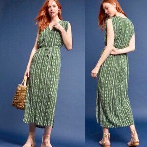 PORRIDGE M Green Vanya Printed Maxi Dress Pockets Tie Waist Pleated BoHo